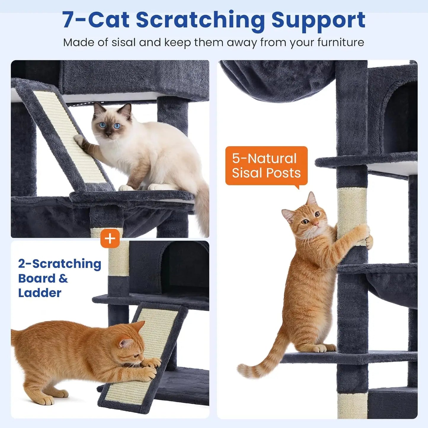 82-inch Multi-Level Cat Tower with Scratching Posts, Hammock, Perches, Condos, and Hanging Baskets in Dark Grey