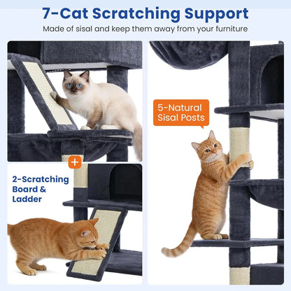 82-inch Multi-Level Cat Tower with Scratching Posts, Hammock, Perches, Condos, and Hanging Baskets in Dark Grey