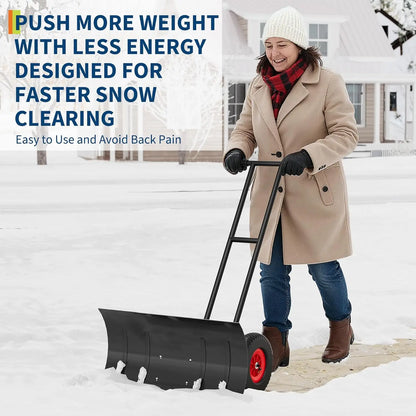 Heavy Duty Rolling Snow Shovel with Wheels 100x42cm Carbon Steel Blade 5-Position Adjustable Angled Blade & Height Handle