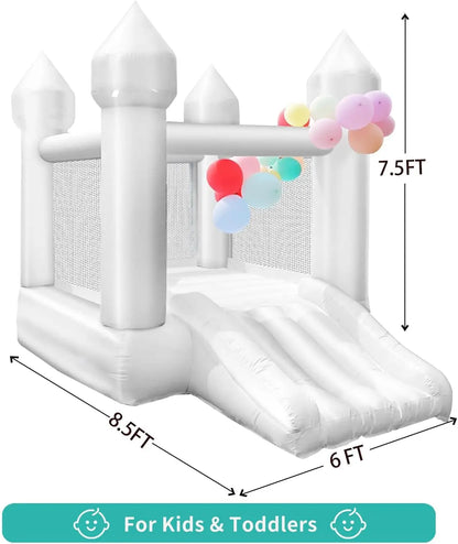 Toddlers Party 9x7x6ft Inflatable White Bounce House With Slide Oxford Bouncy Castle Include Blower (without tarp)