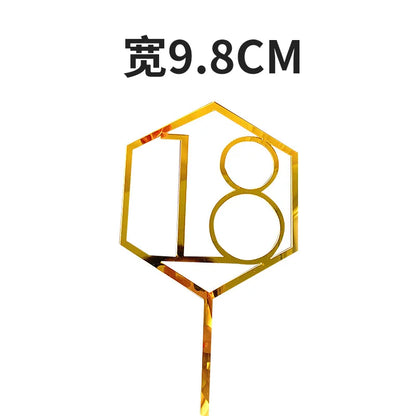 Numbers18-60 Happy Birthday Cake Topper Gold Silver Hexagonal Acrylic Anniversary Party Cupcake Topper Cakes Dessert Decoration