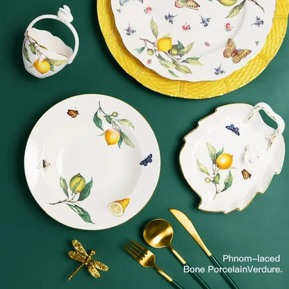 Europeanc Style Ceramic Dining Plate Elegant Lemon Pattern Dinner Steak Plate Coffee Cup Set Western Cuisine Dessert Plate