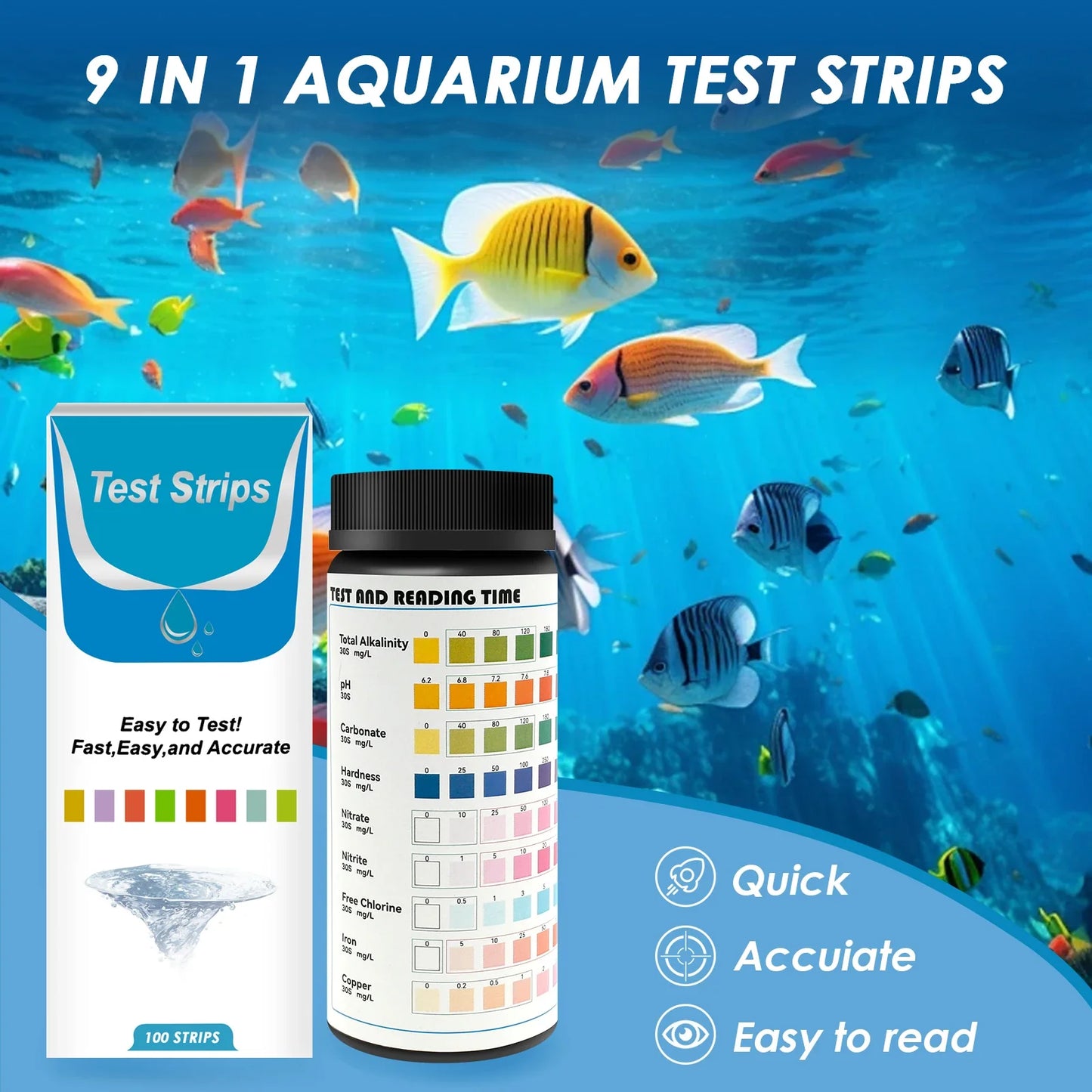 100 Pcs 9-IN-1/7-IN-1 Aquarium Test Strips Fast Accurate Fish Tank Test Kit with Test Tube Water Quality Monitor pH Test Strips