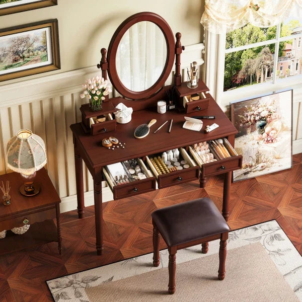 Vanity Desk with Adjustable Angle Mirror, Vintage Vanity Makeup Table and Cushioned Stool Set with