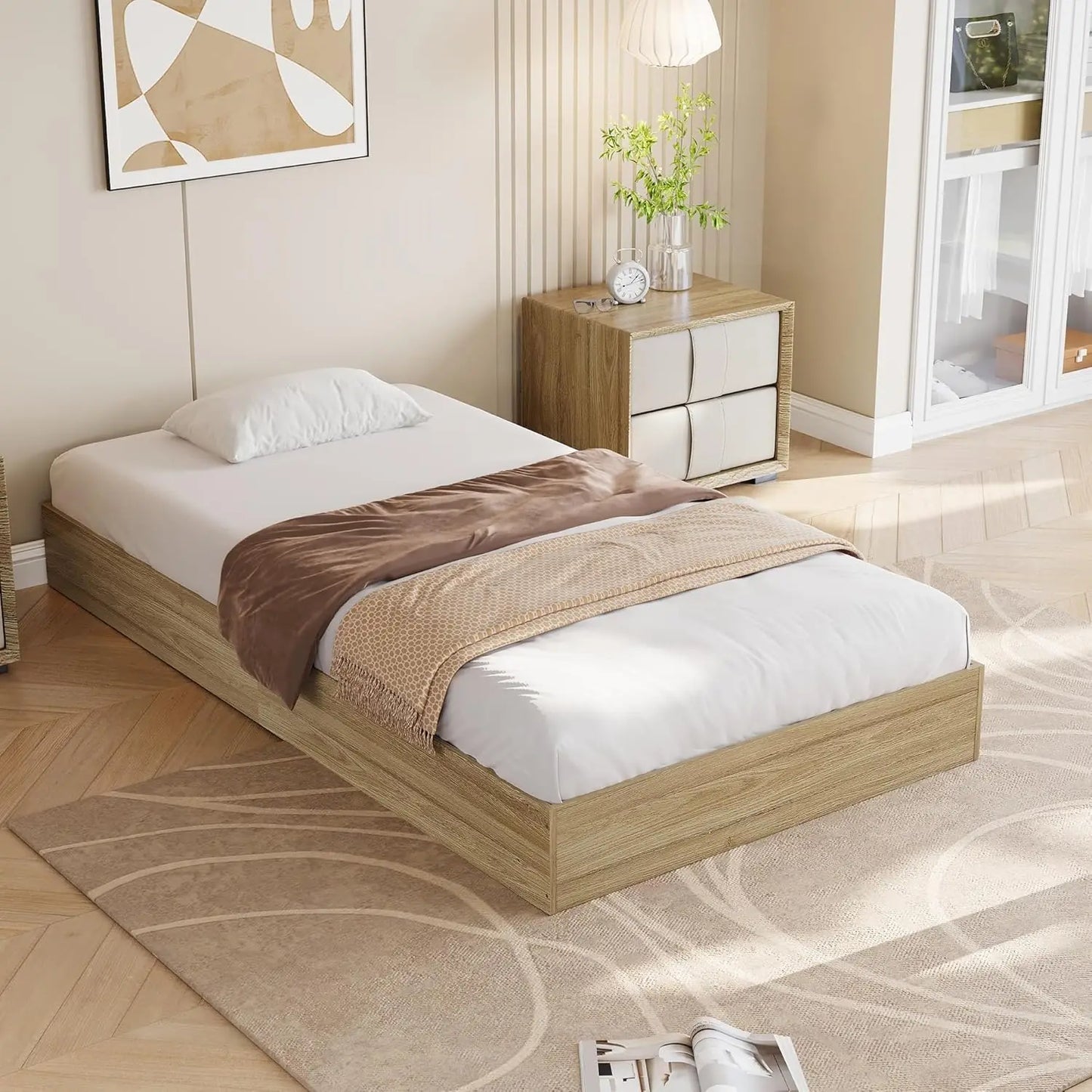 Twin Size Modern Sturdy Wood Platform Bed Frame Strong Wooden Slats, Space-Saving No Box Spring Needed, Easy Assembly