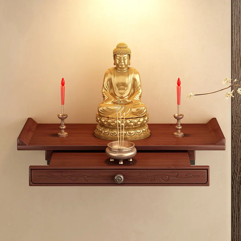 Buddha niche wall-mounted God of Wealth shrine non-solid wood Bodhisattva offering base incense burner storage shelf