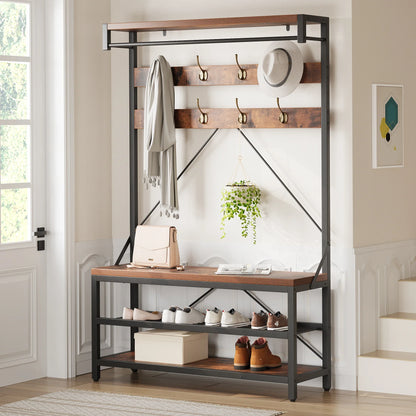 Industrial Hall Tree Coat Rack with Bench & 3-Tier Shoe Storage, 8 Hooks, Sturdy Metal Frame,Entryway Organizer for Hallway