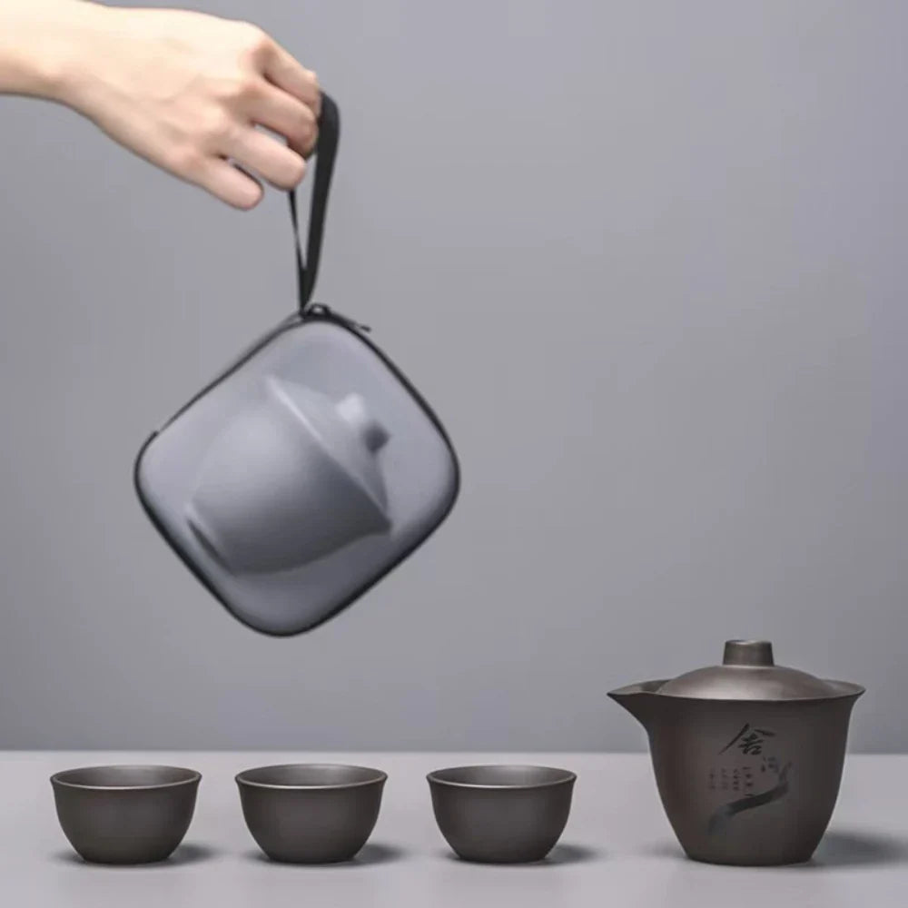 Ceramic Portable Travelling Tea Set Outdoor Camping Tea Set One Pot Three Cups Set