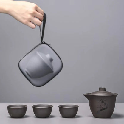 Ceramic Portable Travelling Tea Set Outdoor Camping Tea Set One Pot Three Cups Set