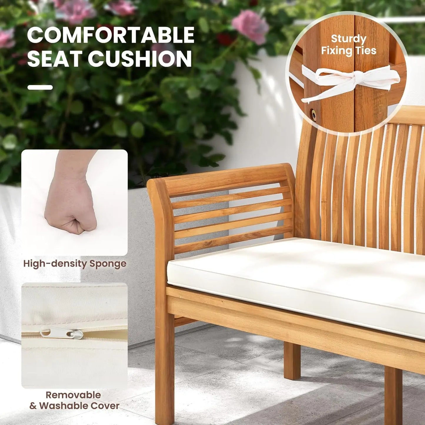 Wooden Outdoor Bench with White Cushion, Garden Bench with Curved Armrest & Slatted Back for Patio, Park & Porch