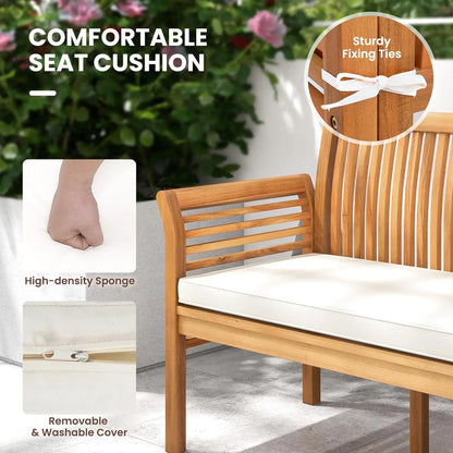 Wooden Outdoor Bench with White Cushion, Garden Bench with Curved Armrest & Slatted Back for Patio, Park & Porch