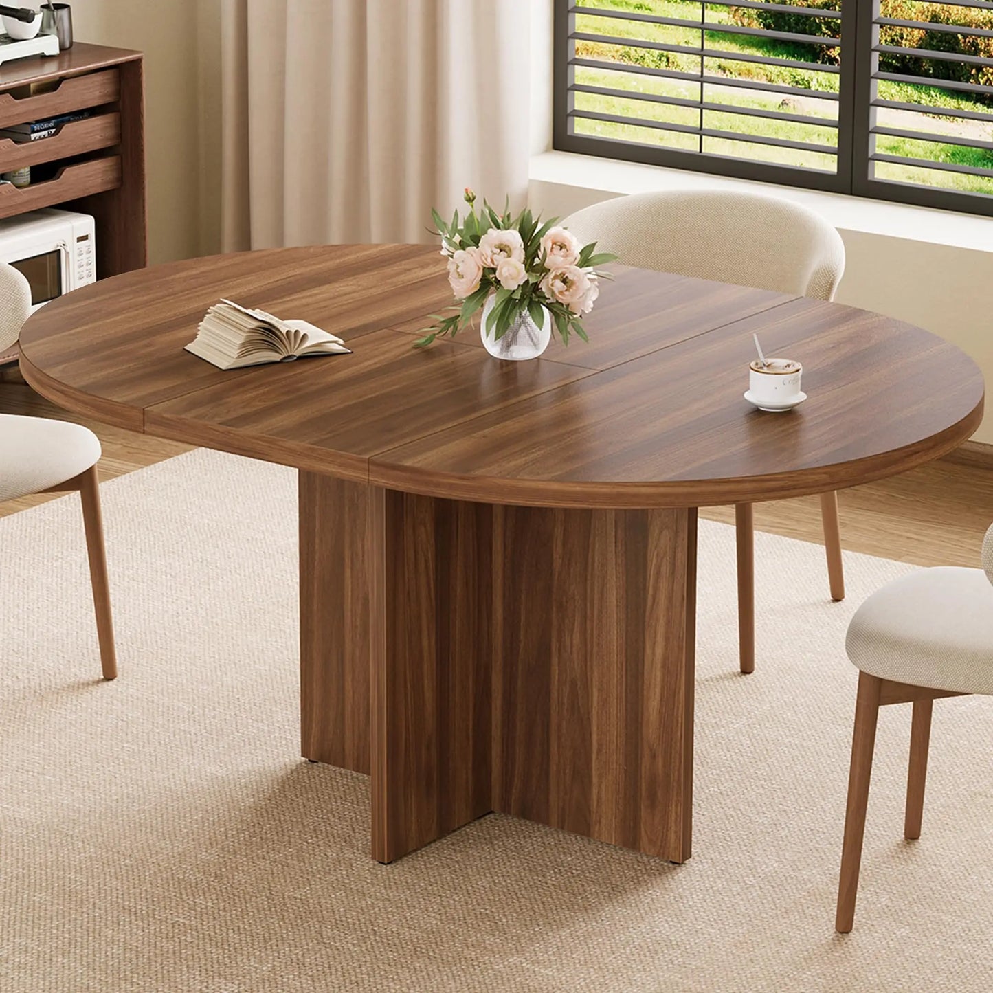 Extendable Round to Oval Dining Table For 4-8, Modern Expandable Kitchen Table With Removable Leaves, Space Saving Dinner Table