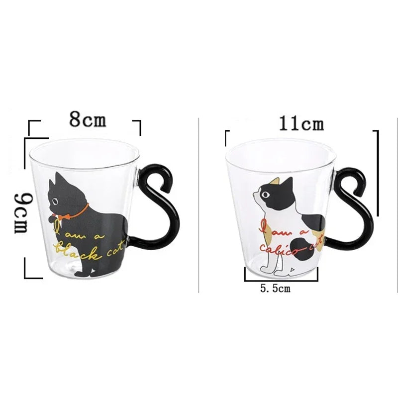 JUSTINLAU 3D Cat Tail Coffee Mug 250ml High Borosilicate Glass Heat-resistant Water Cups Home Breakfast Milk Cup for Cat lover