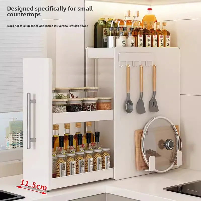 Pull-out multi-functional multi-layer storage seasoning rack, kitchen narrow side countertop storage rack