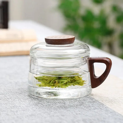 200ml Glass Tea Cup with Filter and Wooden Handle High Borosilicate Glass Teacup Home Office Tea Separation Mug Kung Fu Tea Set