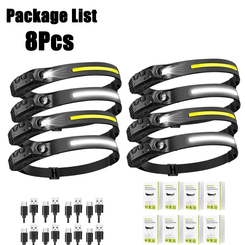 Sensor Headlamp USB Rechargeable LED Flashlight XPE+COB Torch Camping Waterproof Headlight for Fishing Lantern 1/2/3/4/5/8/10PCS