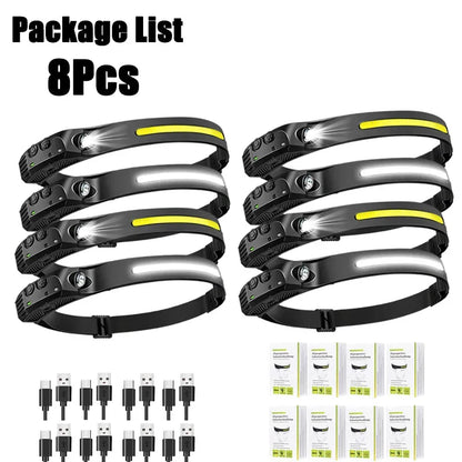 Sensor Headlamp USB Rechargeable LED Flashlight XPE+COB Torch Camping Waterproof Headlight for Fishing Lantern 1/2/3/4/5/8/10PCS
