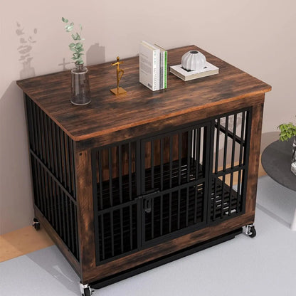 Wooden Dog Crate with Wheels Furniture, for Indoor, for All Dogs, Decorative Side End Table Multiple Units Can be Combined