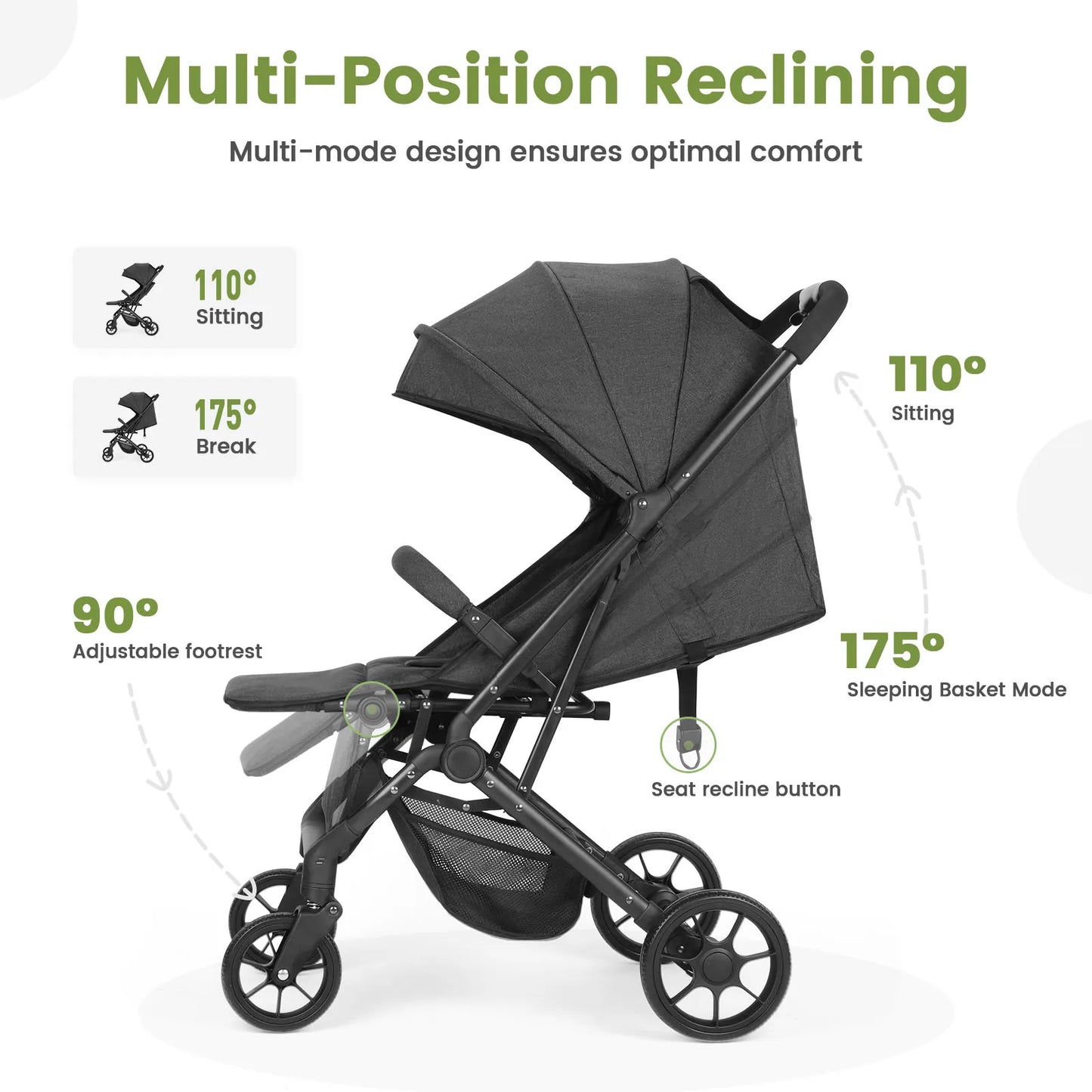 Lightweight Stroller, One-Hand Fold Compact Travel Stroller with 4-Wheel Suspension, Adjustable Recline & Canopy