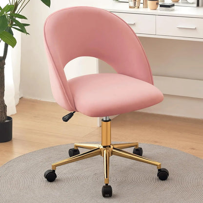 Vanity Chair with Back, Cute Office Desk Chair with Wheels for Girls, Upholstered Armless Accent Chair with Gold Metal Height