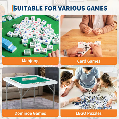 35.4" Folding Mahjong Domino Table, 4 Player Square Card Desk With Cup Holders & Chip Trays, Portable Green Board Game Table