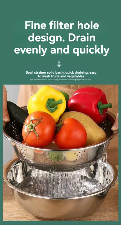 3PCS/1Set Vegetable Slicer, Stainless Steel Slicer, Potato Slicer, Vegetable Washing Basin, Drain Basket, Multifunctional