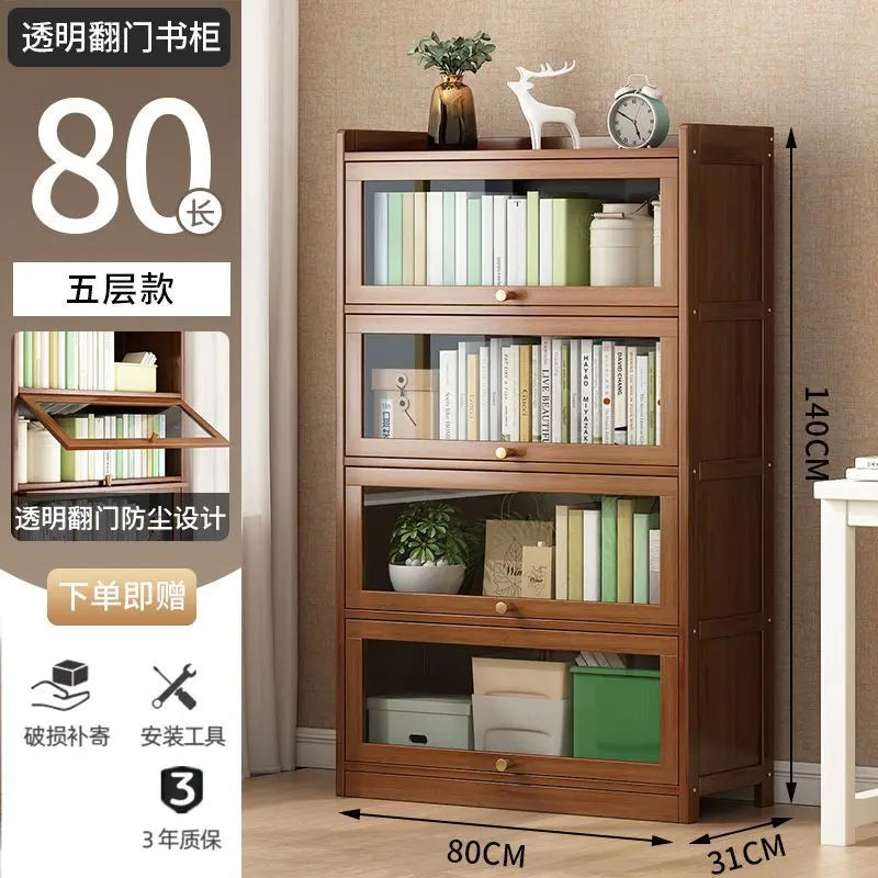 Modern Bamboo Bookshelf Storage Cabinet with Flip Doors 4/5/6 Tier Bookcase for Living Room Bedroom Office