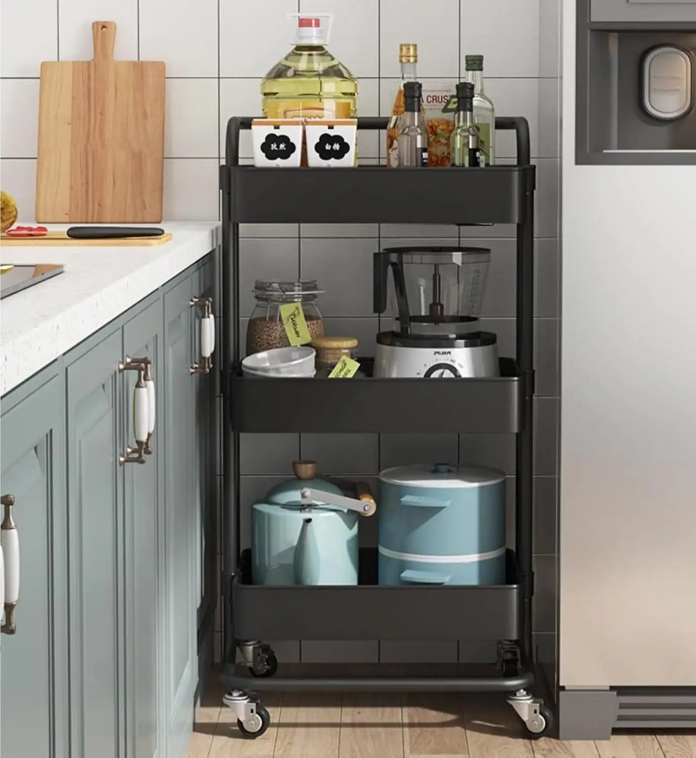Sooyee 3 Tier Utility Cart,Rolling Cart with Handle and Lockable Wheels, Multi-Functional Storage Cart for Kitchen, Bathroom