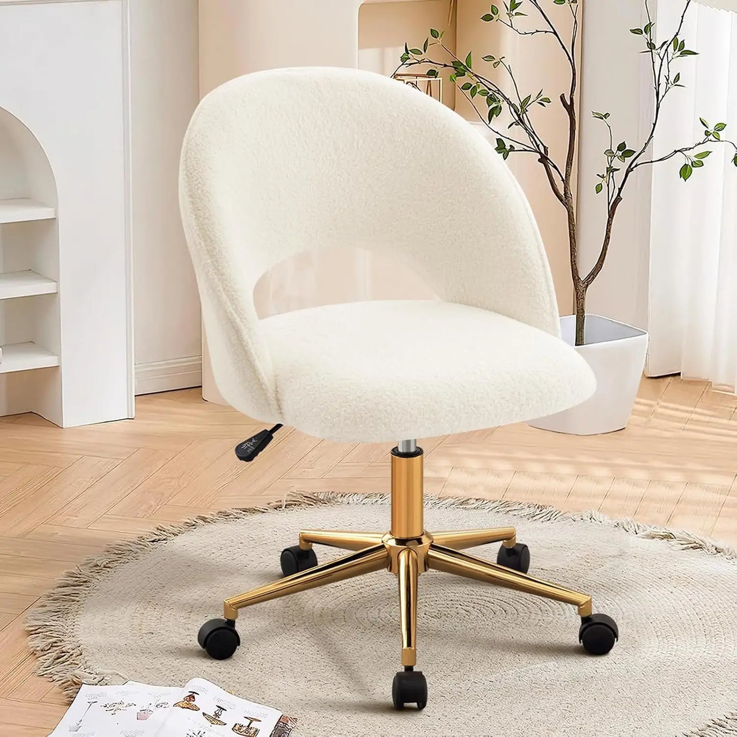 Vanity Chair with Back, Cute Office Desk Chair with Wheels for Girls, Upholstered Armless Accent Chair with Gold Metal Height