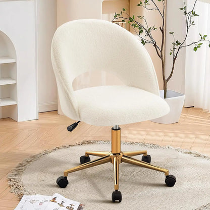 Vanity Chair with Back, Cute Office Desk Chair with Wheels for Girls, Upholstered Armless Accent Chair with Gold Metal Height