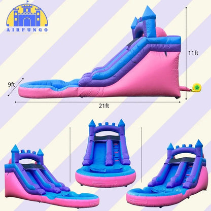 21ft Commercial Grade Navy and Purple Inflatable Water Slide with Splash Pool Bouncy Castle for Adults and Kids Includes Blower