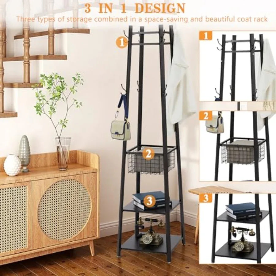 Coat Rack FreestandingHall Tree with Metal Basket and Storage Shelves Industrial Coat Rack Stand with 8 Hooks for Hanging Coats