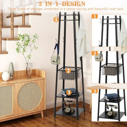 Coat Rack FreestandingHall Tree with Metal Basket and Storage Shelves Industrial Coat Rack Stand with 8 Hooks for Hanging Coats