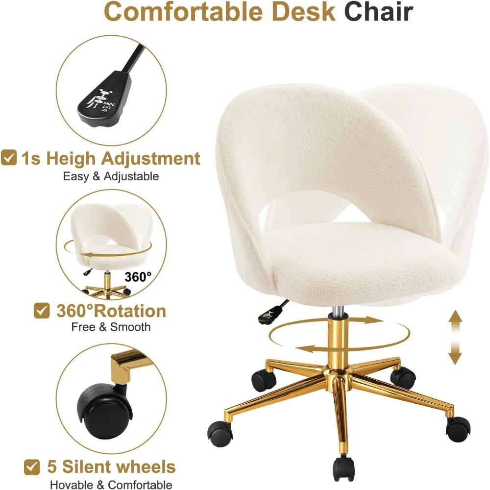 Vanity Chair with Back, Cute Office Desk Chair with Wheels for Girls, Upholstered Armless Accent Chair with Gold Metal Height
