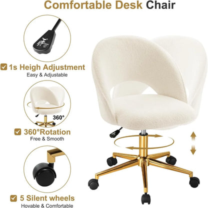 Vanity Chair with Back, Cute Office Desk Chair with Wheels for Girls, Upholstered Armless Accent Chair with Gold Metal Height
