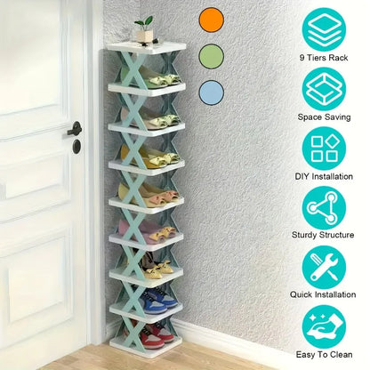 9-Tier Vertical Shoe Rack - Space-saving Tall & Narrow Design for Entranceways, Easy to Assemble Home Organization Storage