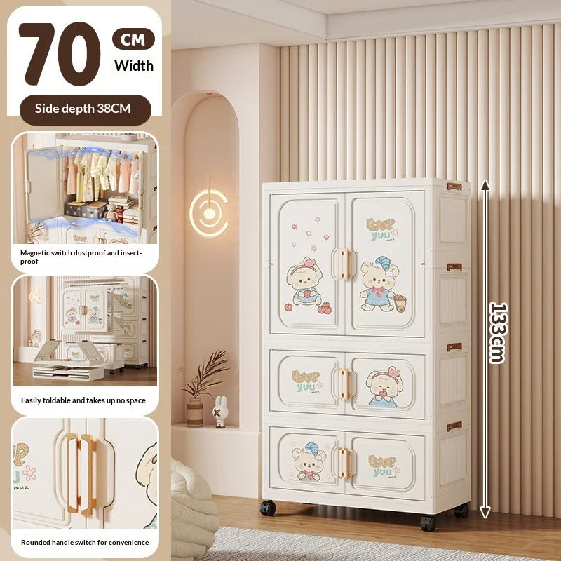 Cartoon Kids Wardrobe Foldable Plastic Clothes Storage Cabinet Nursery Organizer Space Saving Baby Closet Wardrobe White