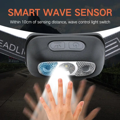Mini LED Headlamp USB Rechargeable Headlight Wave Sensor Head Flashlight Outdoor Houshold Lamp for Camping Hiking Emergency Fish