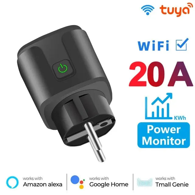 Tuya 20A EU Smart Socket WiFi BLE Smart Plug With Power Monitoring Timing Function Voice Control Alexa Google Assistant
