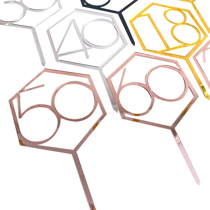 Numbers18-60 Happy Birthday Cake Topper Gold Silver Hexagonal Acrylic Anniversary Party Cupcake Topper Cakes Dessert Decoration