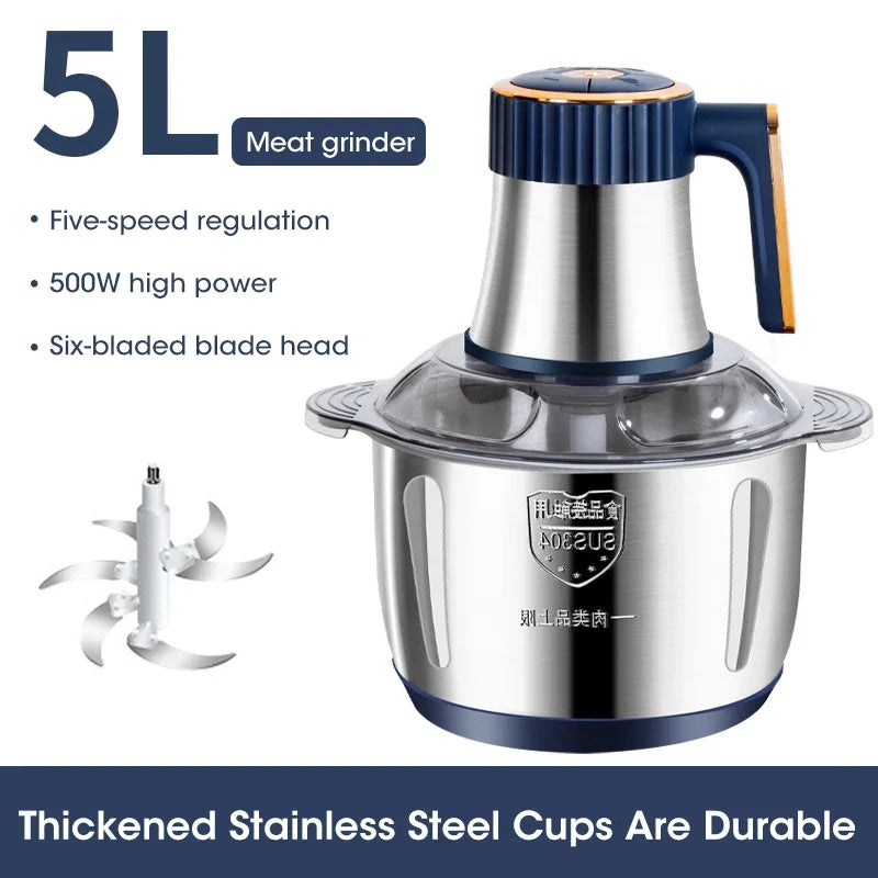 High-quality 5L Stainless Steel Electric Meat Grinder Food Grinder Multi-purpose Vegetable Cutter Baby Food Maker Chopper Mincer