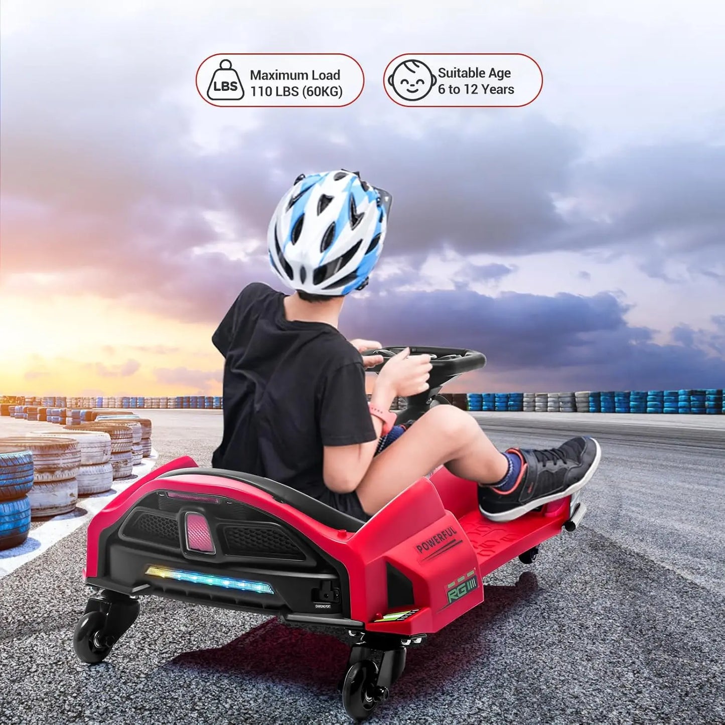 24V Electric Go-Kart Kids Outdoor Ride On Drift Racing Car Toy with Variable Speeds Up to 7.5 Mph,LED Lights,Music,USB Port