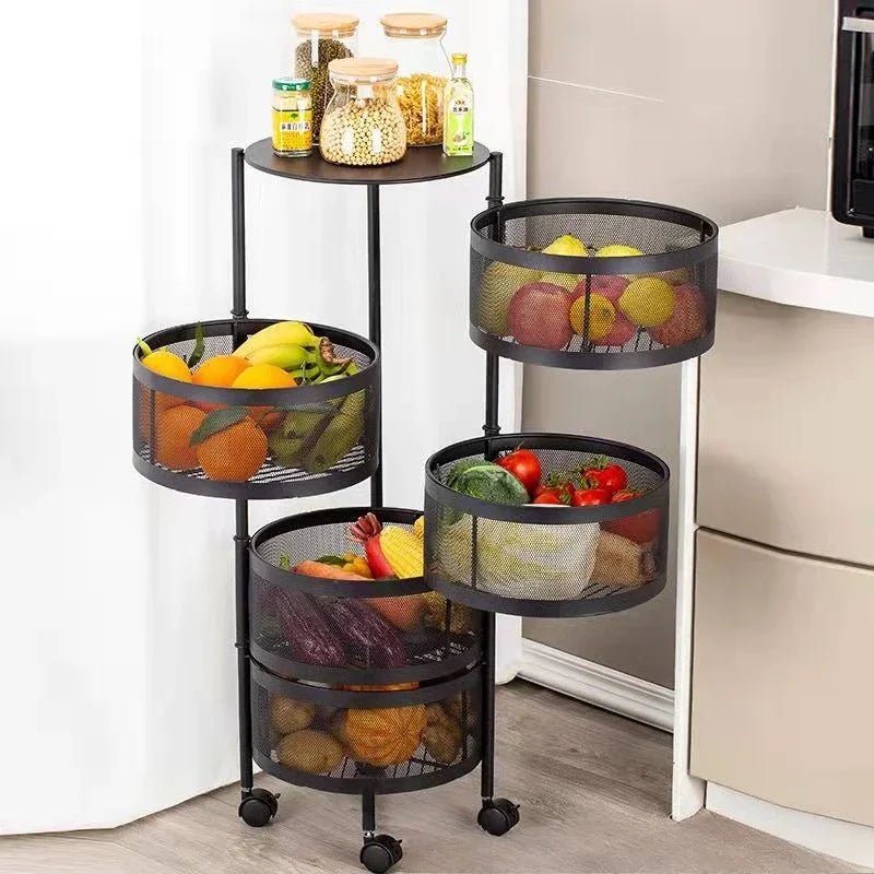 Kitchen Organizer Trolley Cart Rolling Foldable Portable Storage Multi Tier Round Fruit Vegetable Shelf No Assembly Furniture