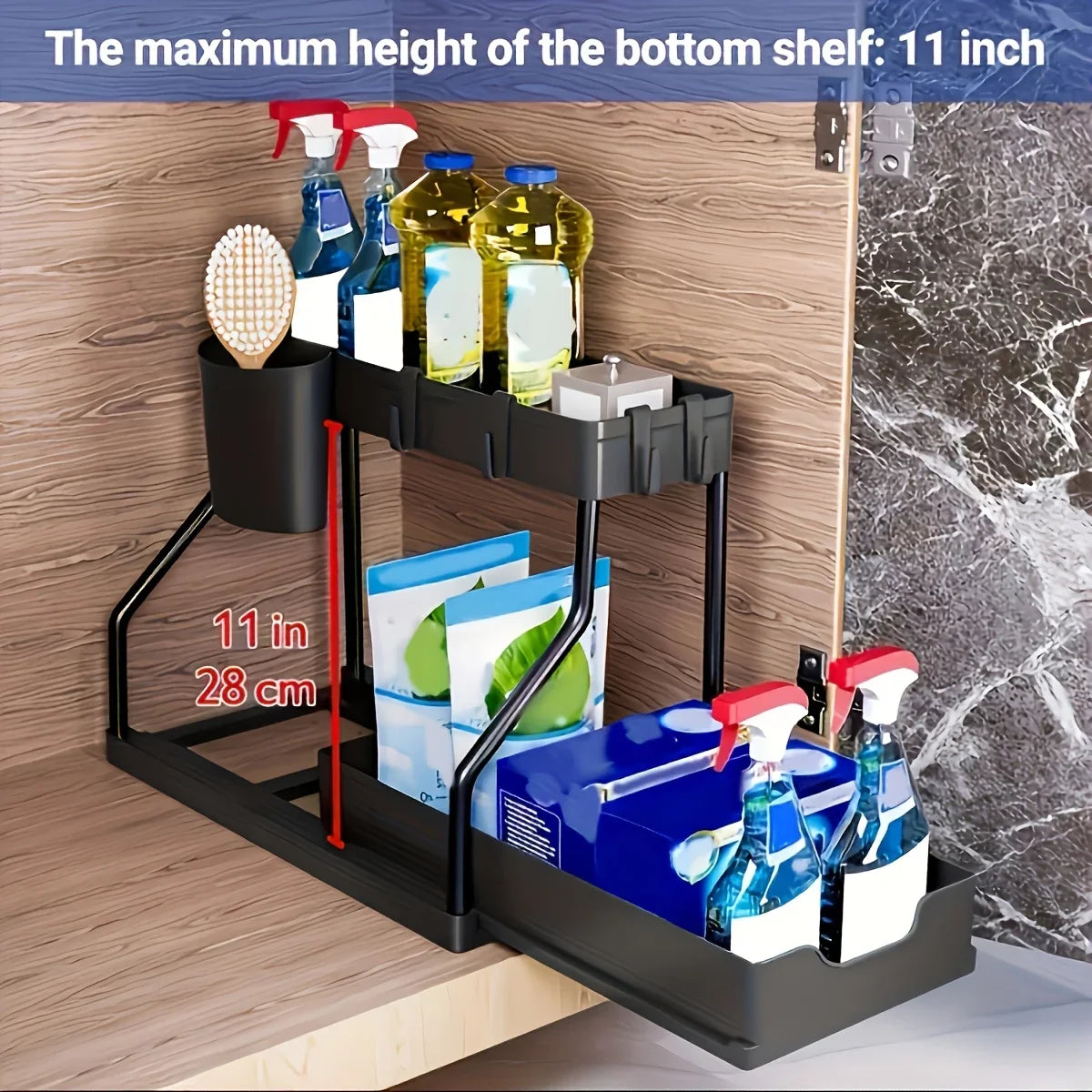 Space Saving 2 Tier Under Sink Organizer,Pull Out Storage Box Durable Large Capacity Kitchen Bathroom Essential Drawer Organizer