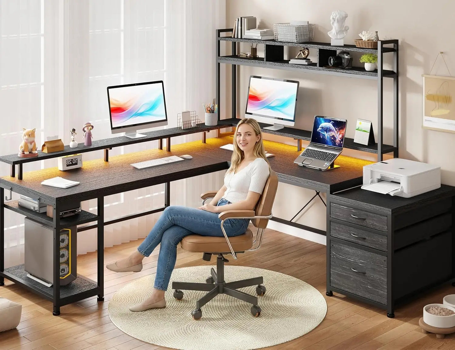 64 x 60 Inches L Shaped Desk with Hutch and Drawers, Gaming Desk with Power Outlet & Monitor Stand & LED Lights,  Corner Desk