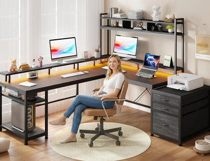64 x 60 Inches L Shaped Desk with Hutch and Drawers, Gaming Desk with Power Outlet & Monitor Stand & LED Lights,  Corner Desk