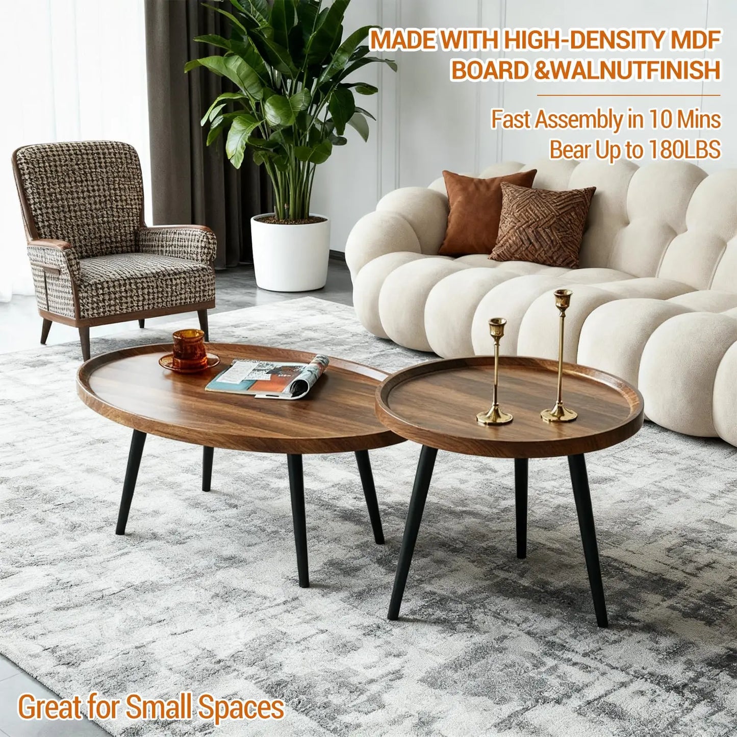 Nesting Coffee Table Set of 2 Mid Century Modern Walnut End Tables For Living Room Small Spaces Sofa Side Table