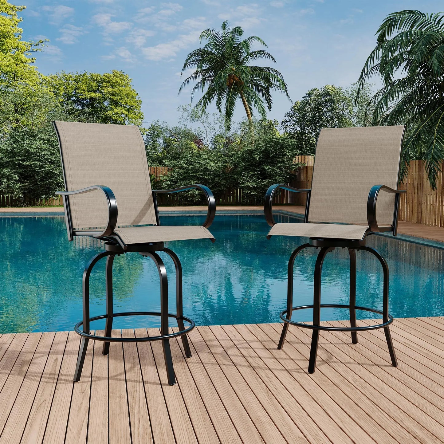 Set Of 2 All-Weather Swivel Bar Stools, 360° Rotating Outdoor Counter Height Chairs With High Back & Armrests For Deck Patio