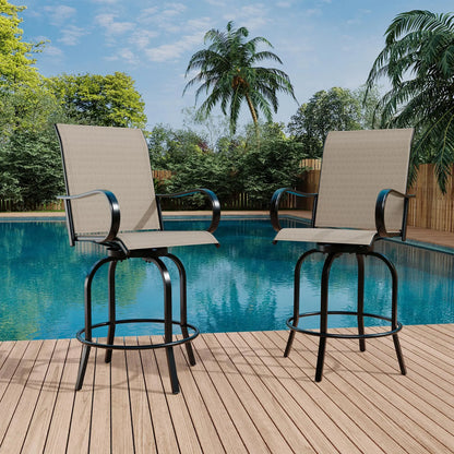 Set Of 2 All-Weather Swivel Bar Stools, 360° Rotating Outdoor Counter Height Chairs With High Back & Armrests For Deck Patio