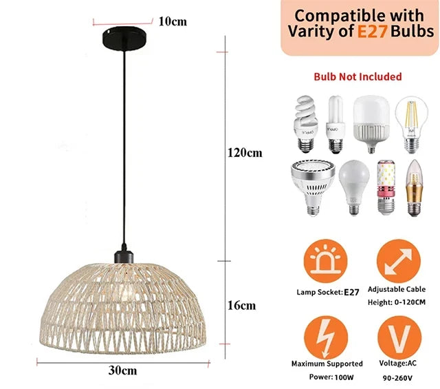 Newest hemp rope woven pendant lamp pastoral restaurant tea room inn bar bedroom rattan indoor chandelier lighting  AC95-260V